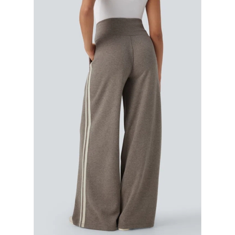 Halara Ribbed High Waisted Tummy Control Wide Leg Pants Size XLarge In Taupe NEW - Picture 3 of 12